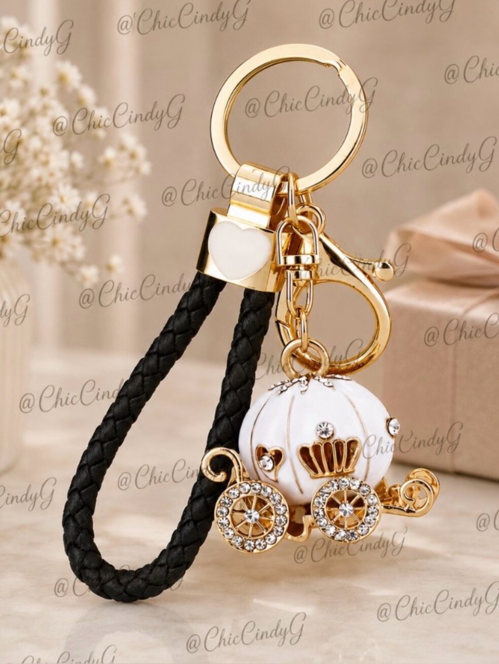 Gold Princess Carriage Bag Charm Keychain Rhinestone Purse Charm Accessory